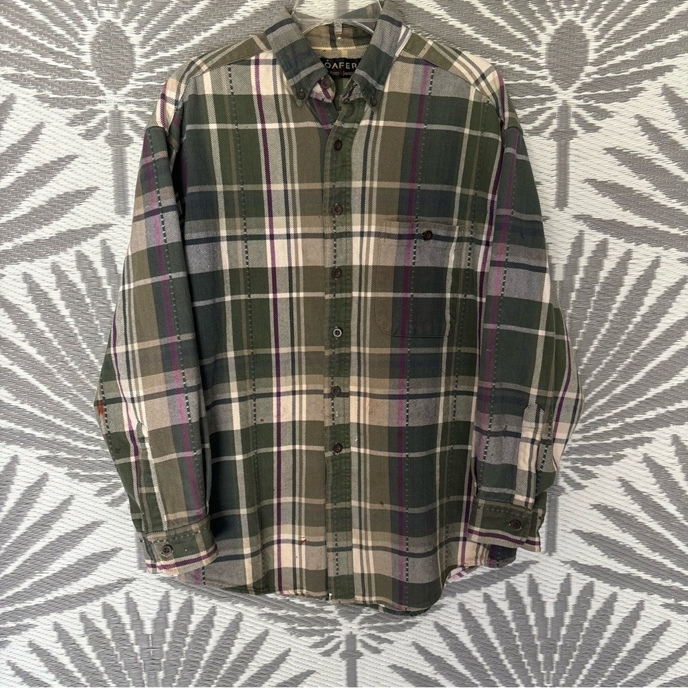 Vtg 90s Plaid Flannel Shirt Men’s L Grunge Workwear Distressed Paint Stains